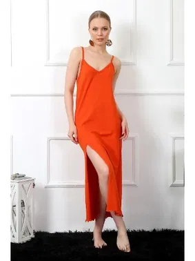 Akbeniz Yırtmaçlı Kadın İp Askılı Turuncu Uzun Gecelik Akbeniz 901