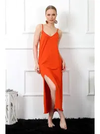 Akbeniz Yırtmaçlı Kadın İp Askılı Turuncu Uzun Gecelik Akbeniz 901