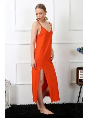 Akbeniz Yırtmaçlı Kadın İp Askılı Turuncu Uzun Gecelik Akbeniz 901 - Alternatif Görünüm