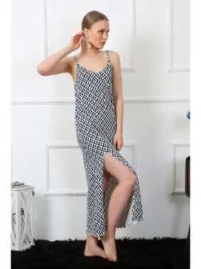 Akbeniz Yırtmaçlı İnce Askılı Uzun Kadın Gecelik Akbeniz 821