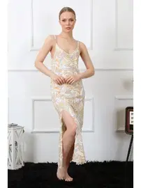 Akbeniz Pamuklu İp Askılı Yırtmaçlı Uzun Gecelik Akbeniz 825