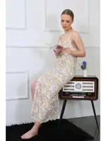 Pamuklu İp Askılı Yırtmaçlı Uzun Gecelik Akbeniz 825 Krem detay görünüm