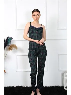 Akbeniz İp Askılı Yeşil Ekoseli Kadın Pijama Takım Akbeniz 4135 - Alternatif Görünüm