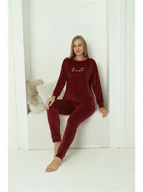Akbeniz Kadife Bordo Cepli Yuvarlak Yaka Kadın Pijama Takım Akbeniz 20624