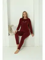 Kadife Bordo Cepli Yuvarlak Yaka Kadın Pijama Takım Akbeniz 20624 Bordo