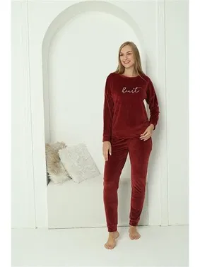 Akbeniz Kadife Bordo Cepli Yuvarlak Yaka Kadın Pijama Takım Akbeniz 20624 - Alternatif Görünüm