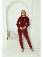 Kadife Bordo Cepli Yuvarlak Yaka Kadın Pijama Takım Akbeniz 20624 Bordo görsel 4
