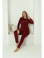 Kadife Bordo Cepli Yuvarlak Yaka Kadın Pijama Takım Akbeniz 20624 Bordo görsel 5