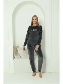 Akbeniz Önü Yazılı Kadife Gri Uzun Kollu Kadın Pijama Takım Akbeniz 20624