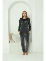 Önü Yazılı Kadife Gri Uzun Kollu Kadın Pijama Takım Akbeniz 20624 Füme farklı açı