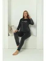 Önü Yazılı Kadife Gri Uzun Kollu Kadın Pijama Takım Akbeniz 20624 Füme görsel 4