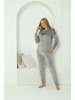 Uzun Kollu Kadın Kadife Gri Pijama Takım Akbeniz 20624 Gri detay görünüm