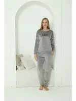 Uzun Kollu Kadın Kadife Gri Pijama Takım Akbeniz 20624 Gri görsel 5