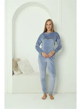 Akbeniz Yuvarlak Yaka Cepli Kadife Mavi Pijama Takım Akbeniz 20624 - Alternatif Görünüm