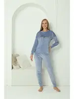 Yuvarlak Yaka Cepli Kadife Mavi Pijama Takım Akbeniz 20624 Mavi görsel 4