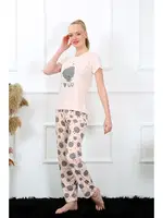Kısa Kollu Yuvarlak Yaka Kadın Pijama Takım Akbeniz 20410 Pudra farklı açı