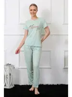 Kısa Kollu Önü Yazılı Kadın Pijama Takım Akbeniz 4140 Su Yeşili