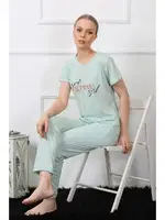 Kısa Kollu Önü Yazılı Kadın Pijama Takım Akbeniz 4140 Su Yeşili detay görünüm