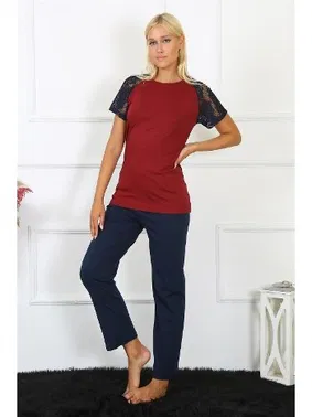 Akbeniz Penye Kolu Dantelli Kısa Kollu Kadın Pijama Takım Akbeniz 4149 - Alternatif Görünüm