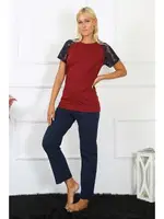 Penye Kolu Dantelli Kısa Kollu Kadın Pijama Takım Akbeniz 4149 Bordo detay görünüm