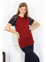 Penye Kolu Dantelli Kısa Kollu Kadın Pijama Takım Akbeniz 4149 Bordo görsel 5