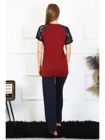 Penye Kolu Dantelli Kısa Kollu Kadın Pijama Takım Akbeniz 4149 Bordo görsel 8
