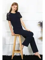 Kısa Kollu Dantelli Kadın Penye Pijama Takım Akbeniz 4150 Lacivert görsel 5