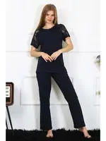 Kısa Kollu Dantelli Kadın Penye Pijama Takım Akbeniz 4150 Lacivert görsel 6