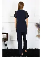 Kısa Kollu Dantelli Kadın Penye Pijama Takım Akbeniz 4150 Lacivert görsel 8