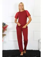 Bordo Kolu Dantelli Kadın Penye Pijama Takım Akbeniz 4152 Bordo