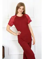 Bordo Kolu Dantelli Kadın Penye Pijama Takım Akbeniz 4152 Bordo görsel 7