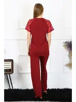 Bordo Kolu Dantelli Kadın Penye Pijama Takım Akbeniz 4152 Bordo görsel 8