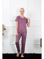Kısa Kollu Yakası Düğmeli Kalpli Kadın Pijama Takım Akbeniz 20388 Mürdüm