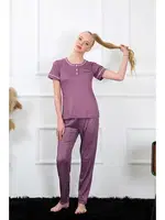 Kısa Kollu Yakası Düğmeli Kalpli Kadın Pijama Takım Akbeniz 20388 Mürdüm farklı açı