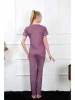 Kısa Kollu Yakası Düğmeli Kalpli Kadın Pijama Takım Akbeniz 20388 Mürdüm görsel 4