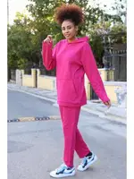 Kapşonlu Cepli 3 İplik Fuşya Kadın Eşofman Takım Akbeniz 9037 Fuşya