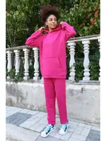 Kapşonlu Cepli 3 İplik Fuşya Kadın Eşofman Takım Akbeniz 9037 Fuşya görsel 5