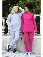 Kapşonlu Cepli 3 İplik Fuşya Kadın Eşofman Takım Akbeniz 9037 Fuşya görsel 6