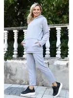 Pamuklu Cepli 3 İplik Kapşonlu Gri Eşofman Takım Akbeniz 9037 Gri görsel 6