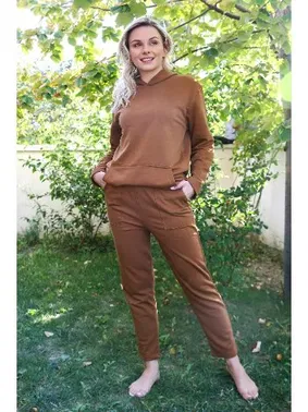 Akbeniz 3 İplik Kadın Pamuklu Kapşonlu Cepli Eşofman Takım Akbeniz 9037