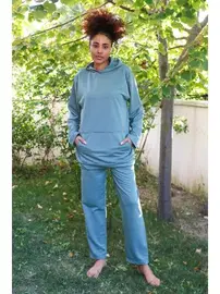 Akbeniz Kanguru Cepli Kapşonlu 3 İplik Mavi Kadın Eşofman Takım Akbeniz 9037