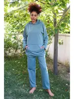 Kanguru Cepli Kapşonlu 3 İplik Mavi Kadın Eşofman Takım Akbeniz 9037 Petrol