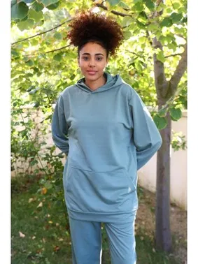 Akbeniz Kanguru Cepli Kapşonlu 3 İplik Mavi Kadın Eşofman Takım Akbeniz 9037 - Alternatif Görünüm