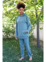 Kanguru Cepli Kapşonlu 3 İplik Mavi Kadın Eşofman Takım Akbeniz 9037 Petrol görsel 6