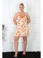 Desenli Pamuklu İp Askılı Büyük Beden Kadın Gecelik Akbeniz 1027 Sarı