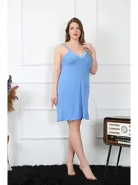 Akbeniz Pamuklu Mavi İnce Askılı Büyük Beden Kadın Gecelik Akbeniz 1021