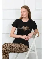 Kalpli Leopar Penye Kısa Kol Pijama Takım Akbeniz 4128 Siyah görsel 5