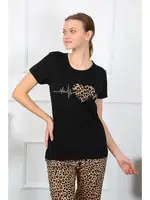 Kalpli Leopar Penye Kısa Kol Pijama Takım Akbeniz 4128 Siyah görsel 6