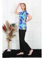 Yuvarlak Yaka Desenli Penye Kısa Kol Kadın Pijama Takım Akbeniz 4142 Saks görsel 4