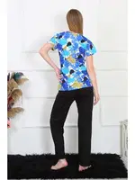 Yuvarlak Yaka Desenli Penye Kısa Kol Kadın Pijama Takım Akbeniz 4142 Saks görsel 5